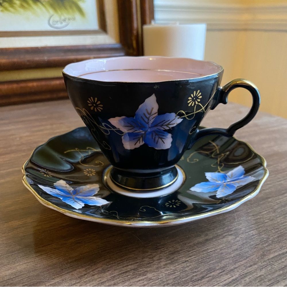Vintage Quality Japan Black and Pink Gold Trim with Blue Flowers Teacup & Saucer